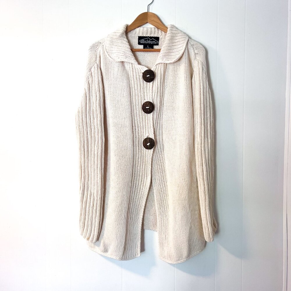 VINTAGE Rey Wear Hand Knit Cardigan100% Cotton Bolivia Chunky Knit Sweater L - Picture 2 of 8